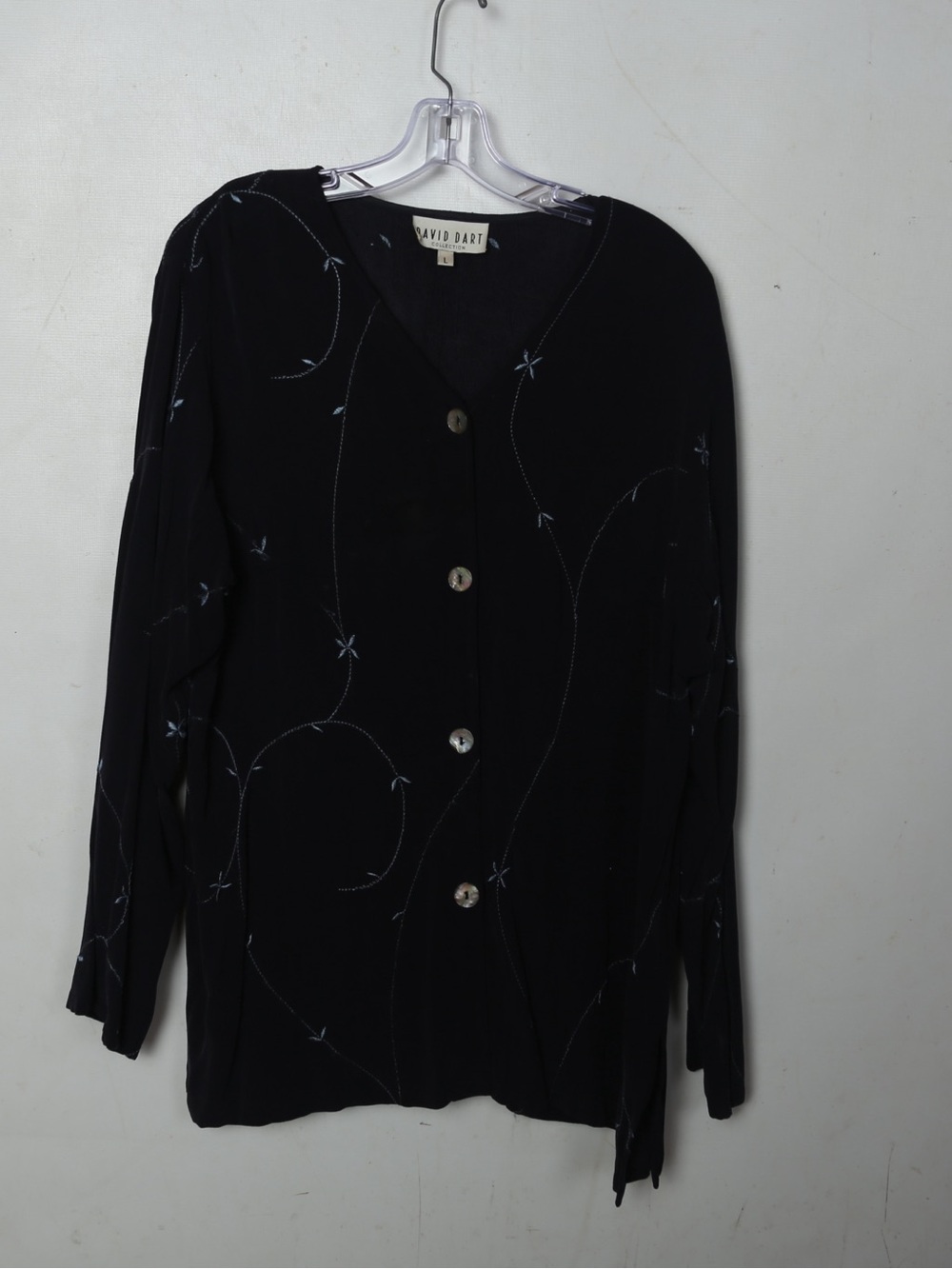 David Dart Black Embroidered V-Neck Button Front Cardigan